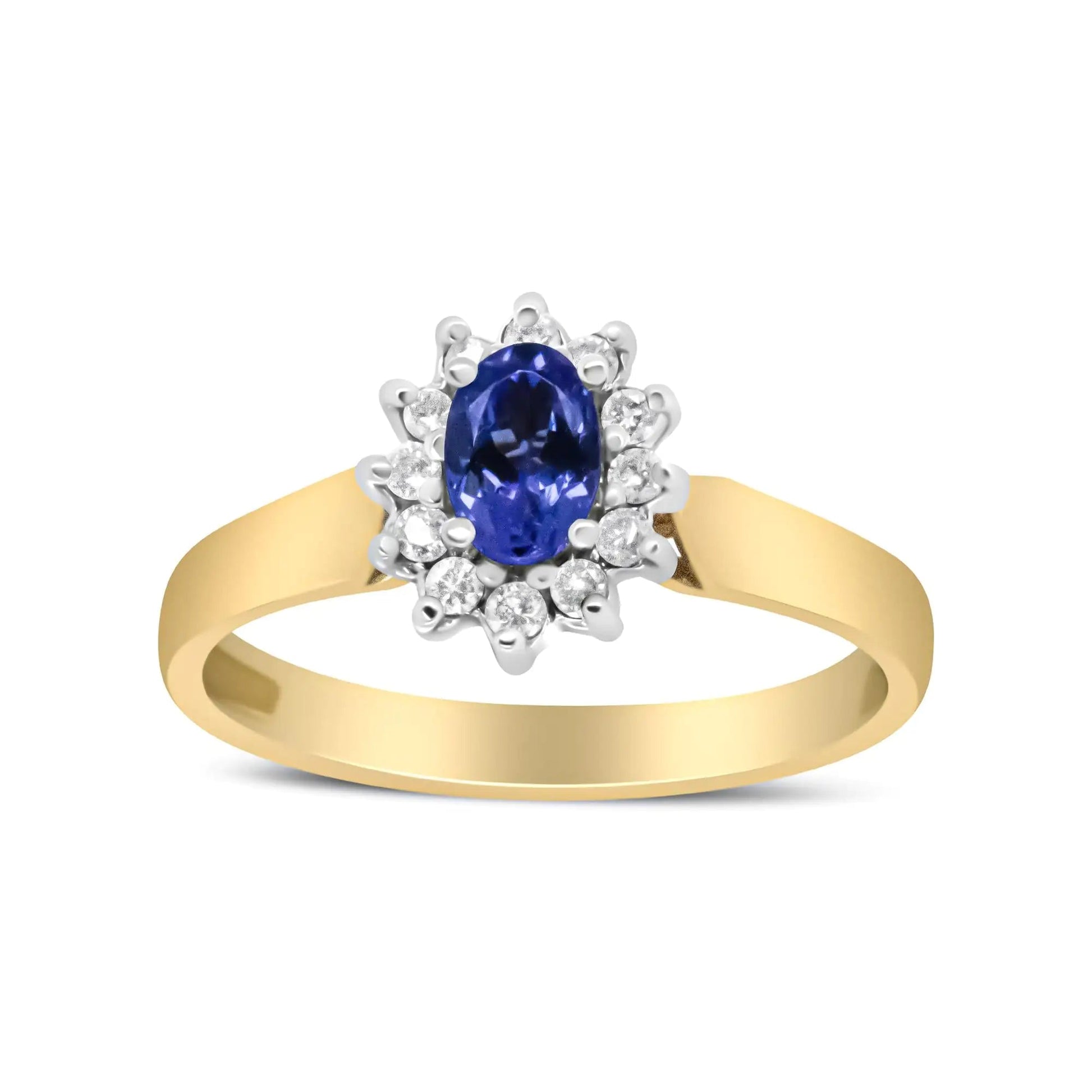 14K Yellow Gold 1/5 Cttw Round Diamond and 6x4mm Oval Blue Tanzanite Halo Ring (H-I Color, I1-I2 Clarity) WEM Support (www.WEM.support)