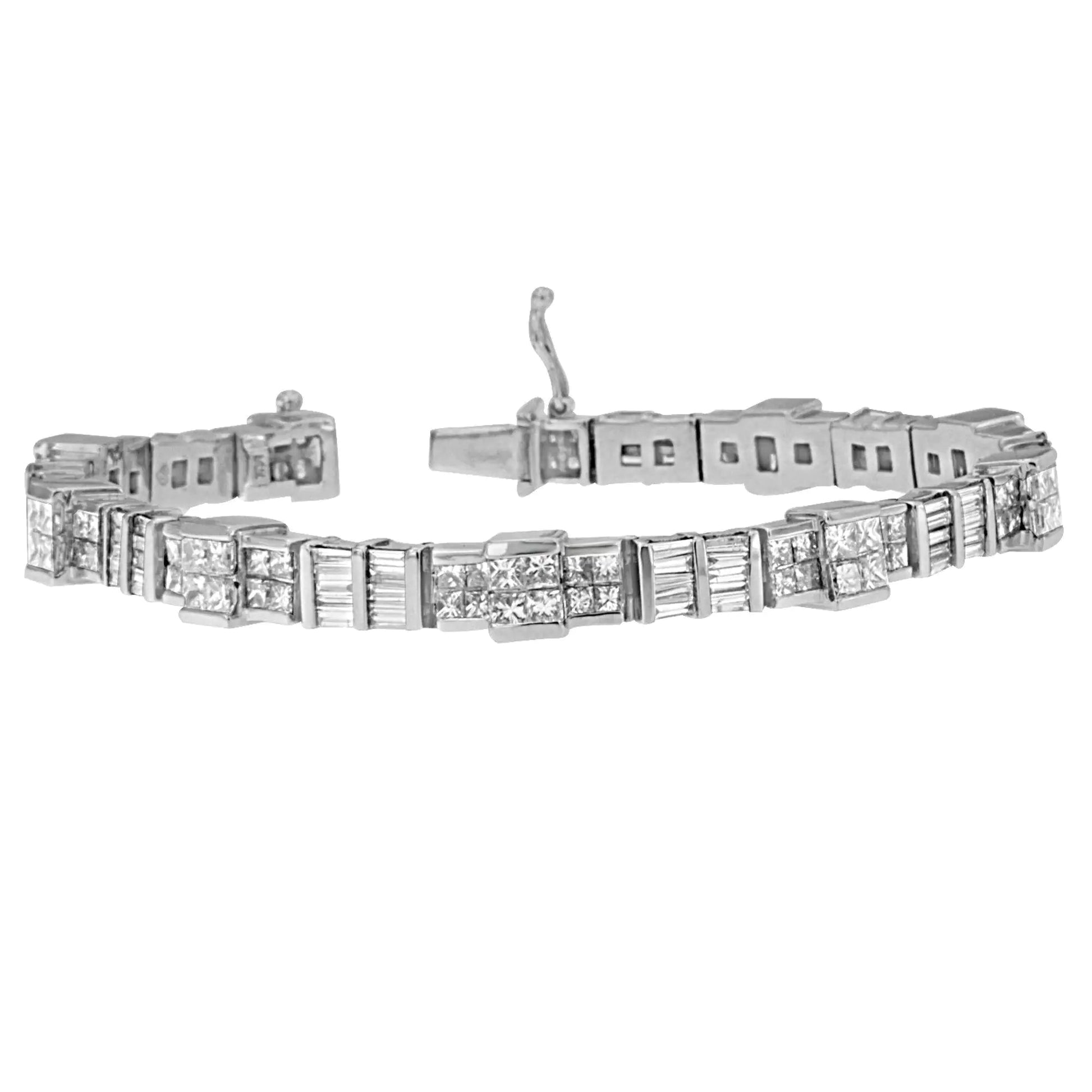 14K White Gold Princess and Baguette Cut Diamond Mixed Link Bracelet (8 3/4 cttw, G-H Color, VS2-SI1 Clarity) WEM Support (www.WEM.support)