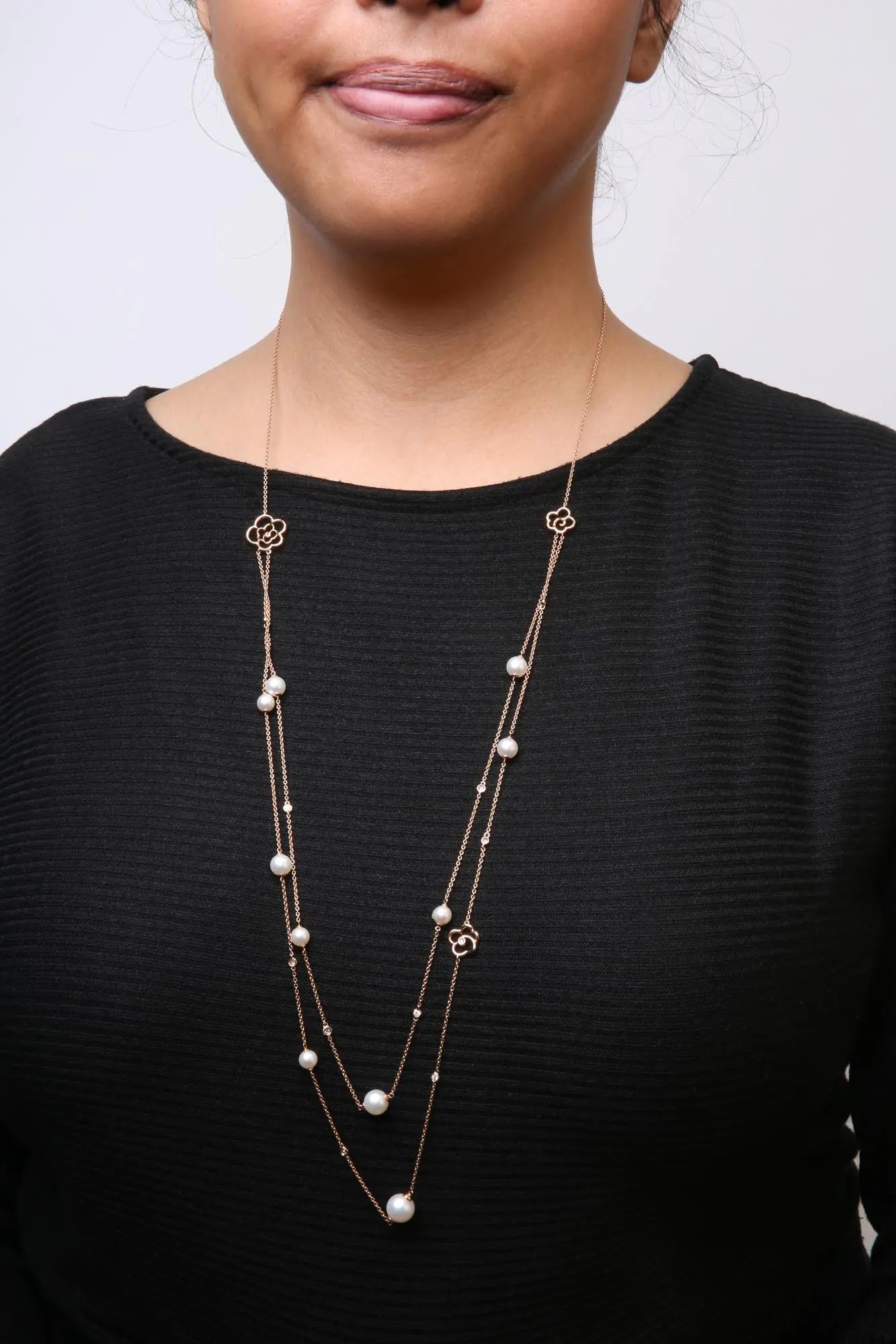 18K Rose Gold 1/2 Cttw Diamond and Freshwater Pearl Double Strand Station Necklace  (G-H Color, SI1-SI2 Clarity) - Adjustable up to 16" to 20" WEM Support (www.WEM.support)