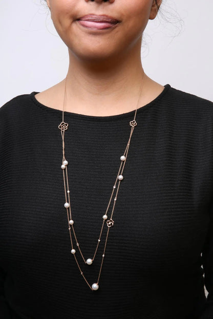18K Rose Gold 1/2 Cttw Diamond and Freshwater Pearl Double Strand Station Necklace  (G-H Color, SI1-SI2 Clarity) - Adjustable up to 16" to 20" WEM Support (www.WEM.support)
