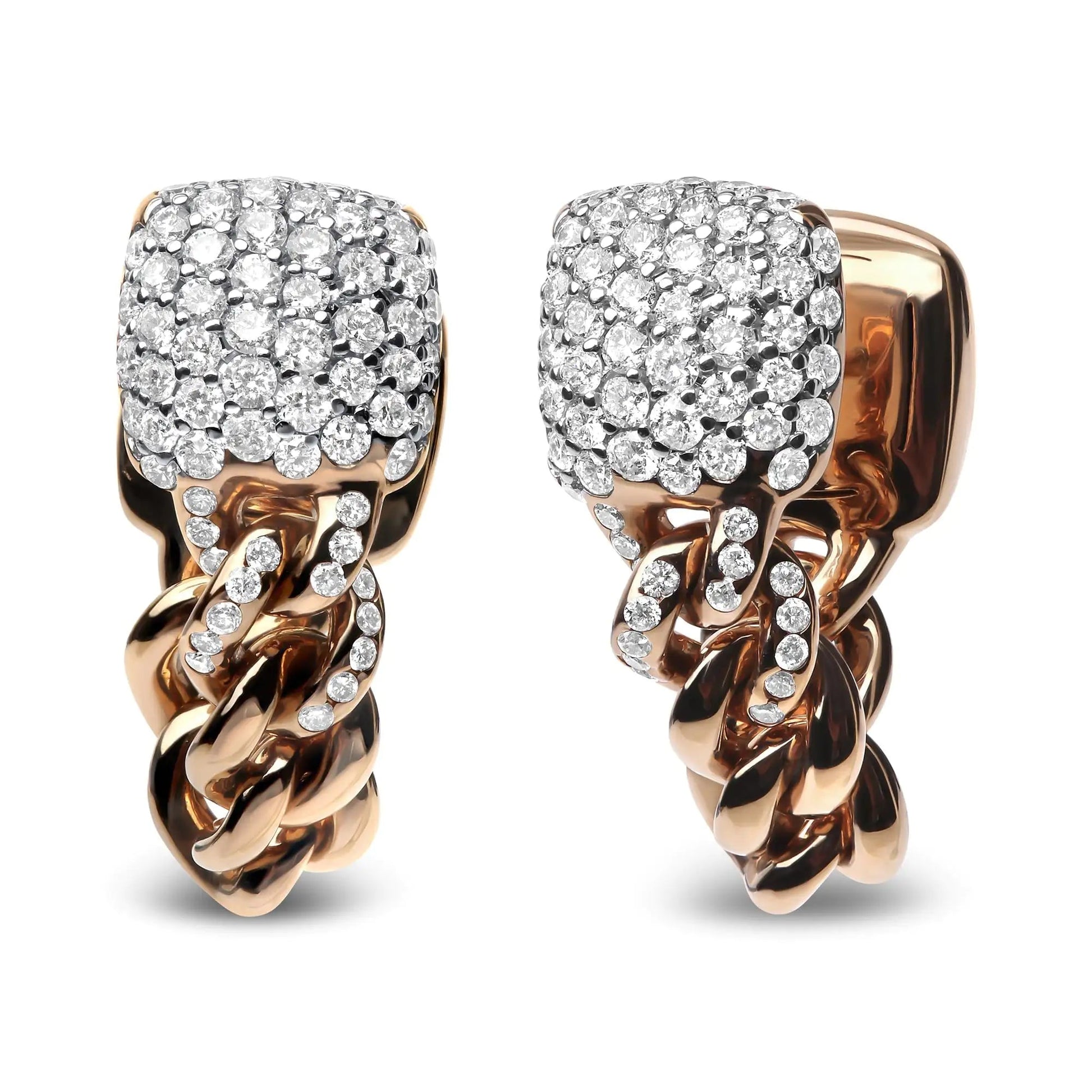 18K Rose Gold 3/4 Cttw Round Diamond Pave Cuban Chain Huggie Earrings (G-H Color, SI1-SI2 Clarity) WEM Support (www.WEM.support)