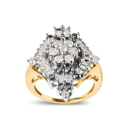 10K Yellow Gold 1 Cttw Round and Baguette cut Diamond Cluster and Rhombus Halo Ring (H-I Color, I1-I2 Clarity) WEM Support (www.WEM.support)