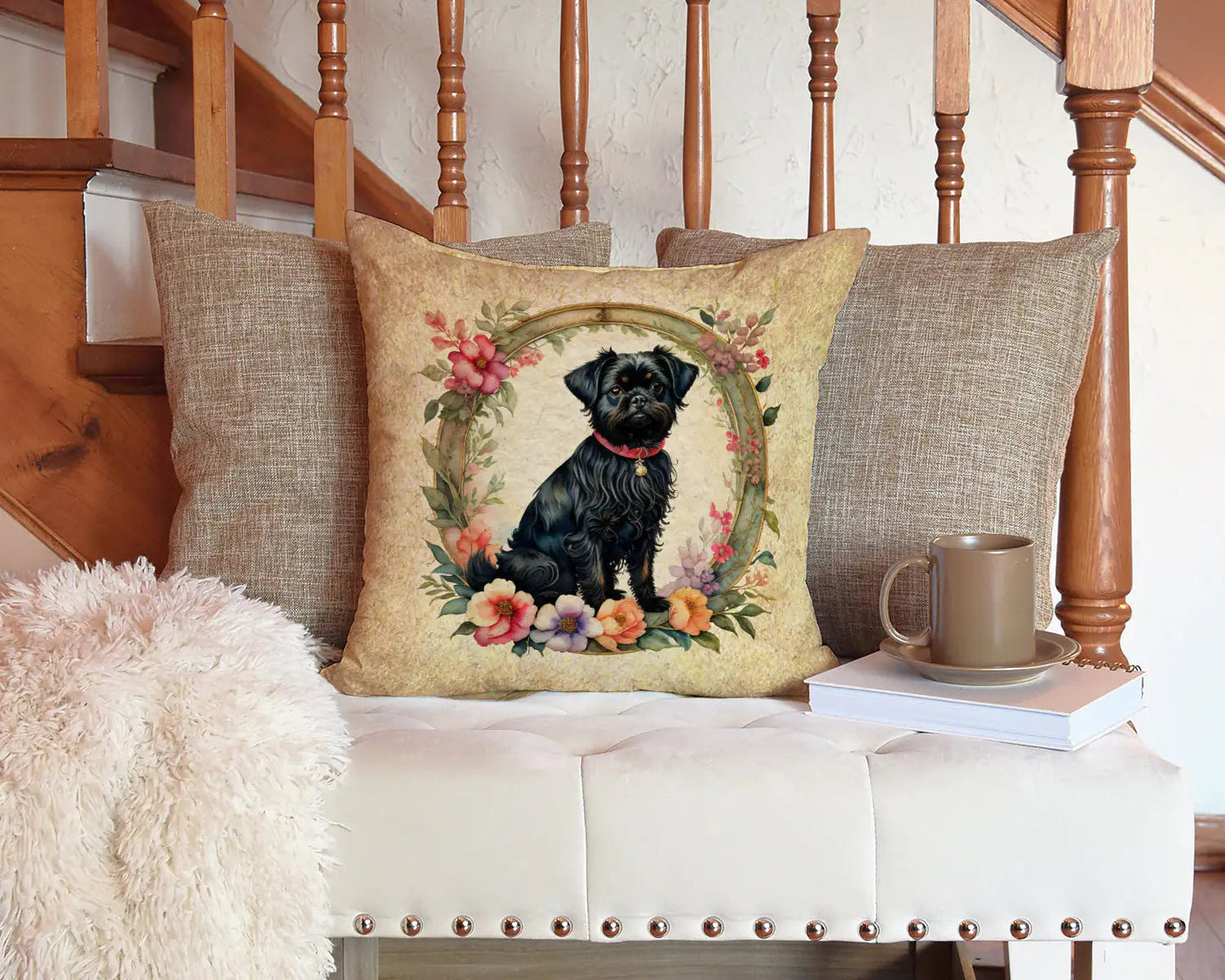Affenpinscher and Flowers Throw Pillow WEM Support (www.WEM.support)