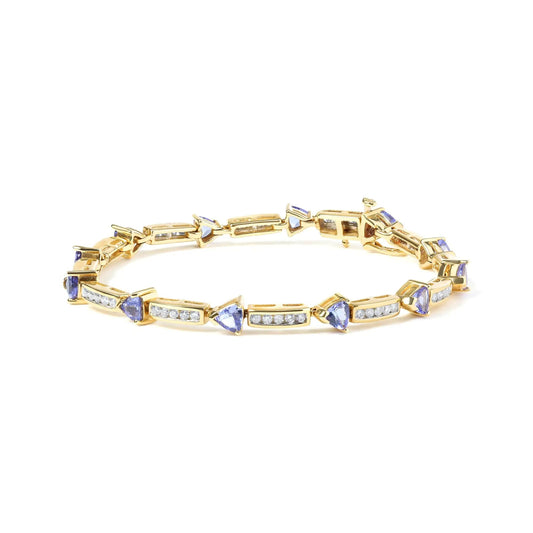 14K Yellow 5MM Trillion Cut Blue Tanzanite and 1 1/10 Cttw Diamond Tennis 7" Inches Bracelet (H-I Color, I1-I2 Clarity) WEM Support (www.WEM.support)