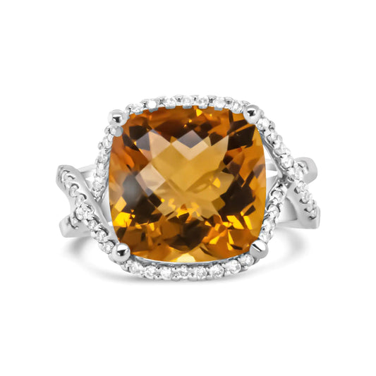 14K White Gold 12mm Cushion Cut Yellow Citrine Gemstone and 1/3 Cttw Round Pave-Set Diamond Ring - (H-I Color, VS1-VS2 Clarity) WEM Support (www.WEM.support)