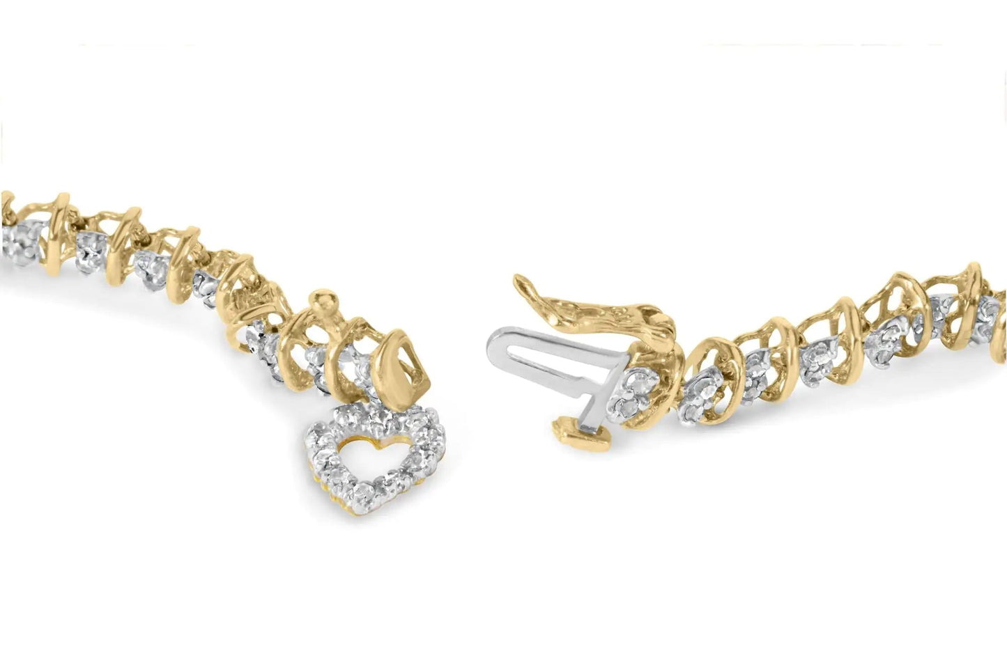 10K Yellow Gold 1.00 Cttw Diamond Spiral Link 7" Bracelet with Heart Charm (H-I Color, I3 Clarity) WEM Support (www.WEM.support)