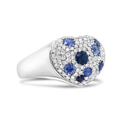 18K White Gold Blue Sapphire and 5/8 Cttw Diamond Cluster Heart Shaped  Ring (F-G Color, VS1-VS2 Clarity) WEM Support (www.WEM.support)