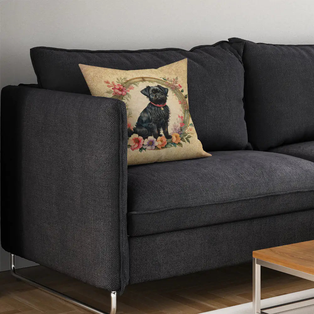 Affenpinscher and Flowers Throw Pillow WEM Support (www.WEM.support)