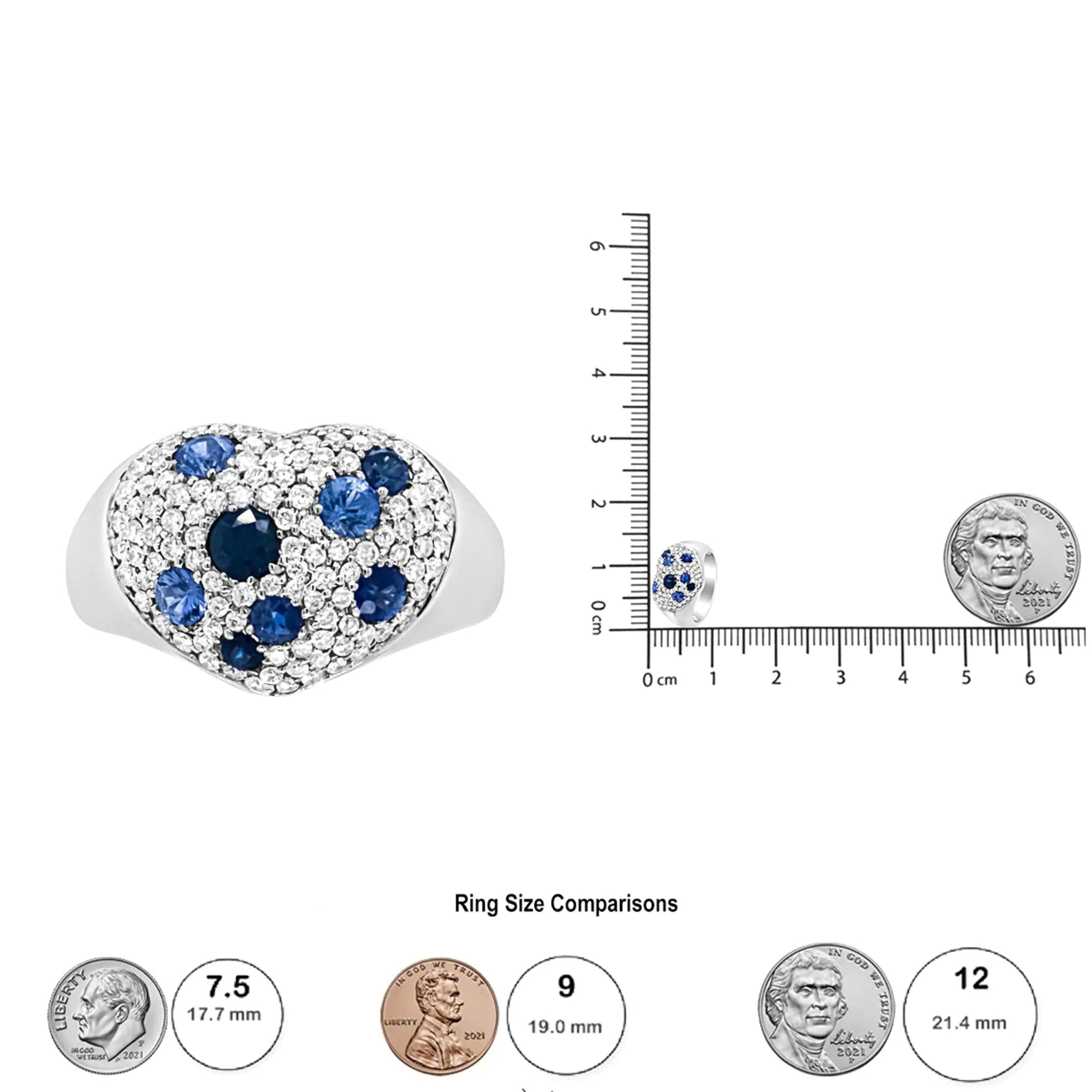 18K White Gold Blue Sapphire and 5/8 Cttw Diamond Cluster Heart Shaped  Ring (F-G Color, VS1-VS2 Clarity) WEM Support (www.WEM.support)