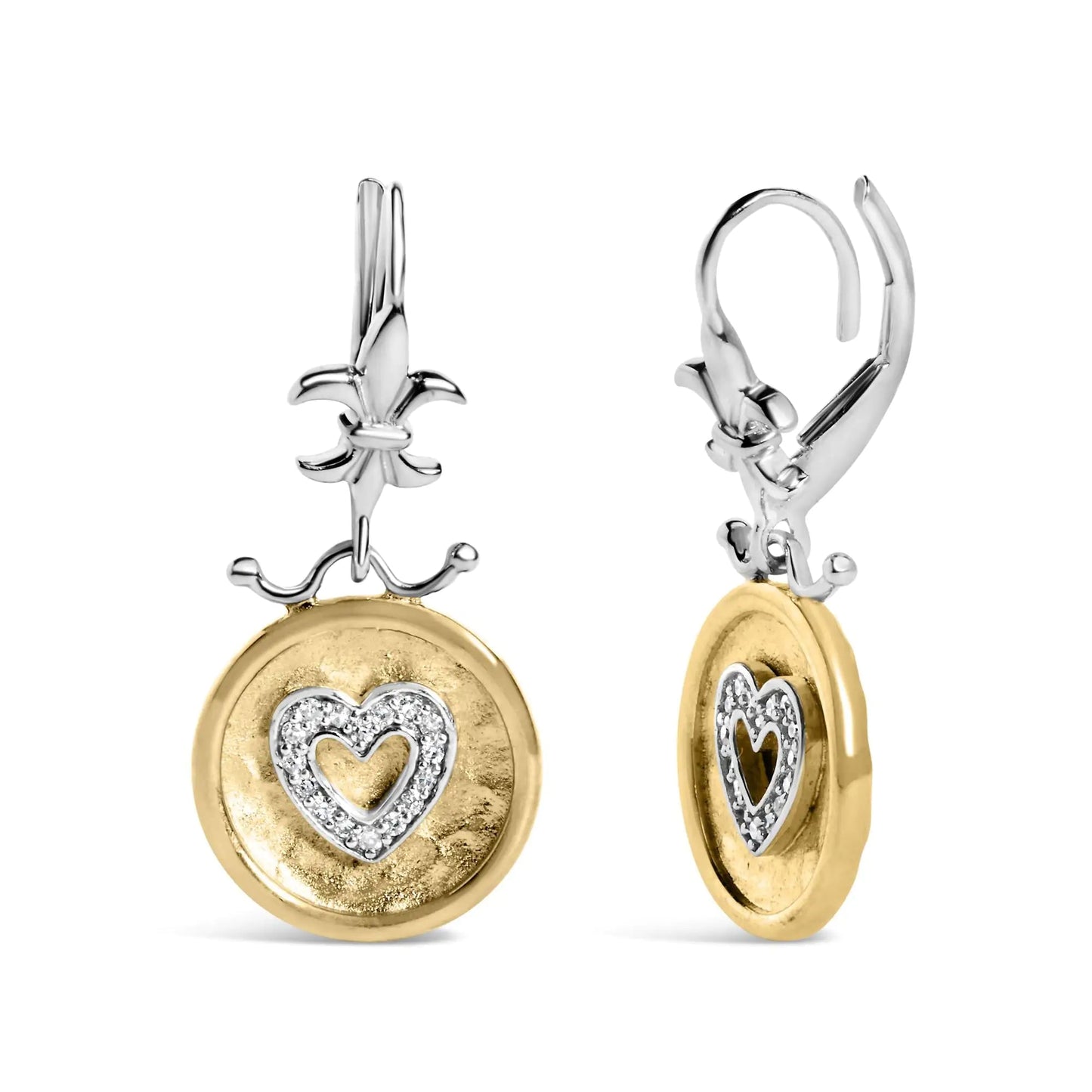 18K Yellow Gold Plated .925 Sterling Silver 1/8 Cttw Diamond Hammered Finished Medallion Heart Drop and Dangle Earrings (I-J Color, SI1-SI2 Clarity) WEM Support (www.WEM.support)