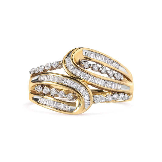 10K Yellow Gold 1/2 Cttw Round and Baguette cut Diamond Open Space Bypass Ring (H-I Color, SI2-I1 Clarity) WEM Support (www.WEM.support)