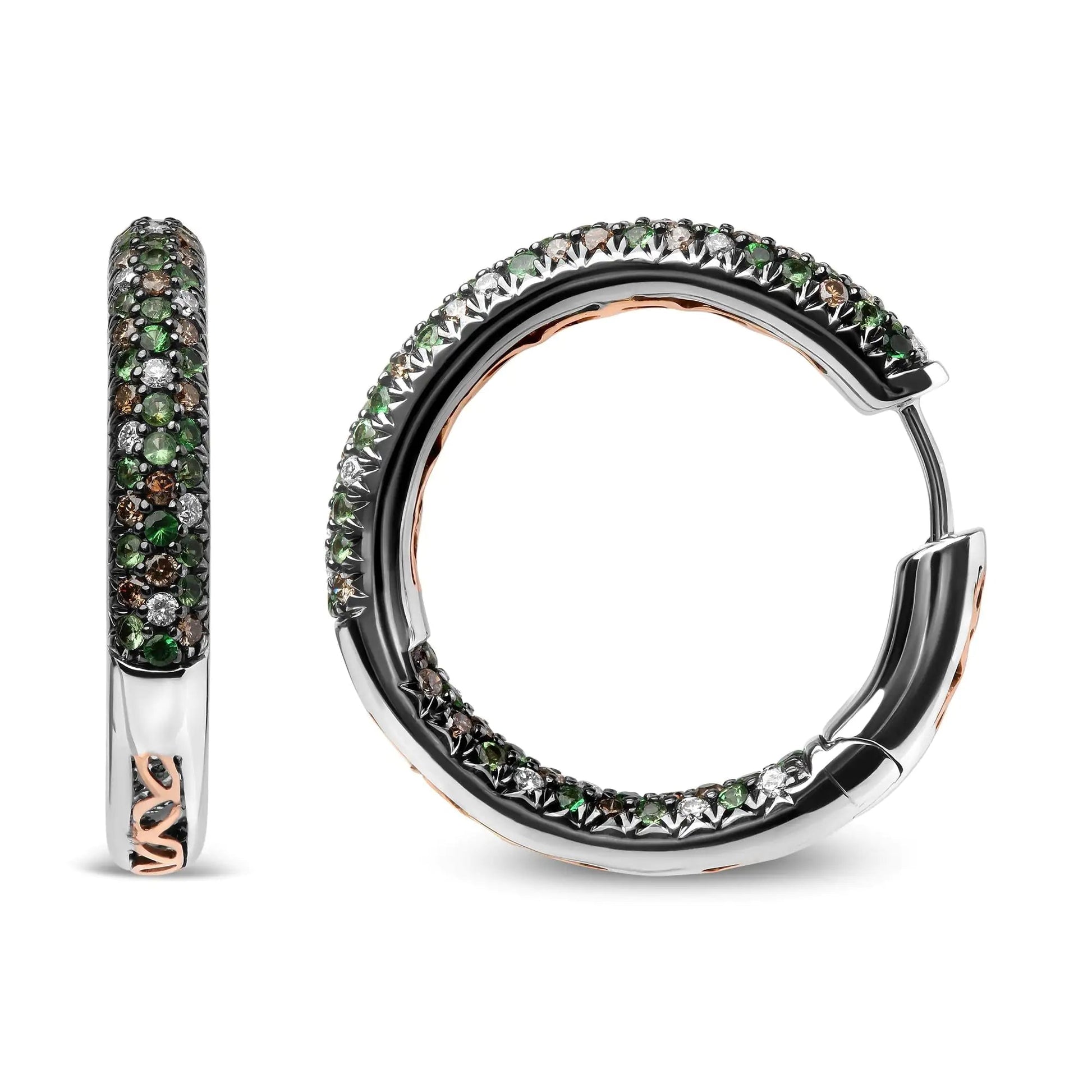 18K White Gold 1.00 Cttw Brown and White Diamond and 1.3mm Round Green Tsavorite Gemstone Inside Outside Hoop Earrings (Brown and G-H Color, SI1-SI2 Clarity) WEM Support (www.WEM.support)