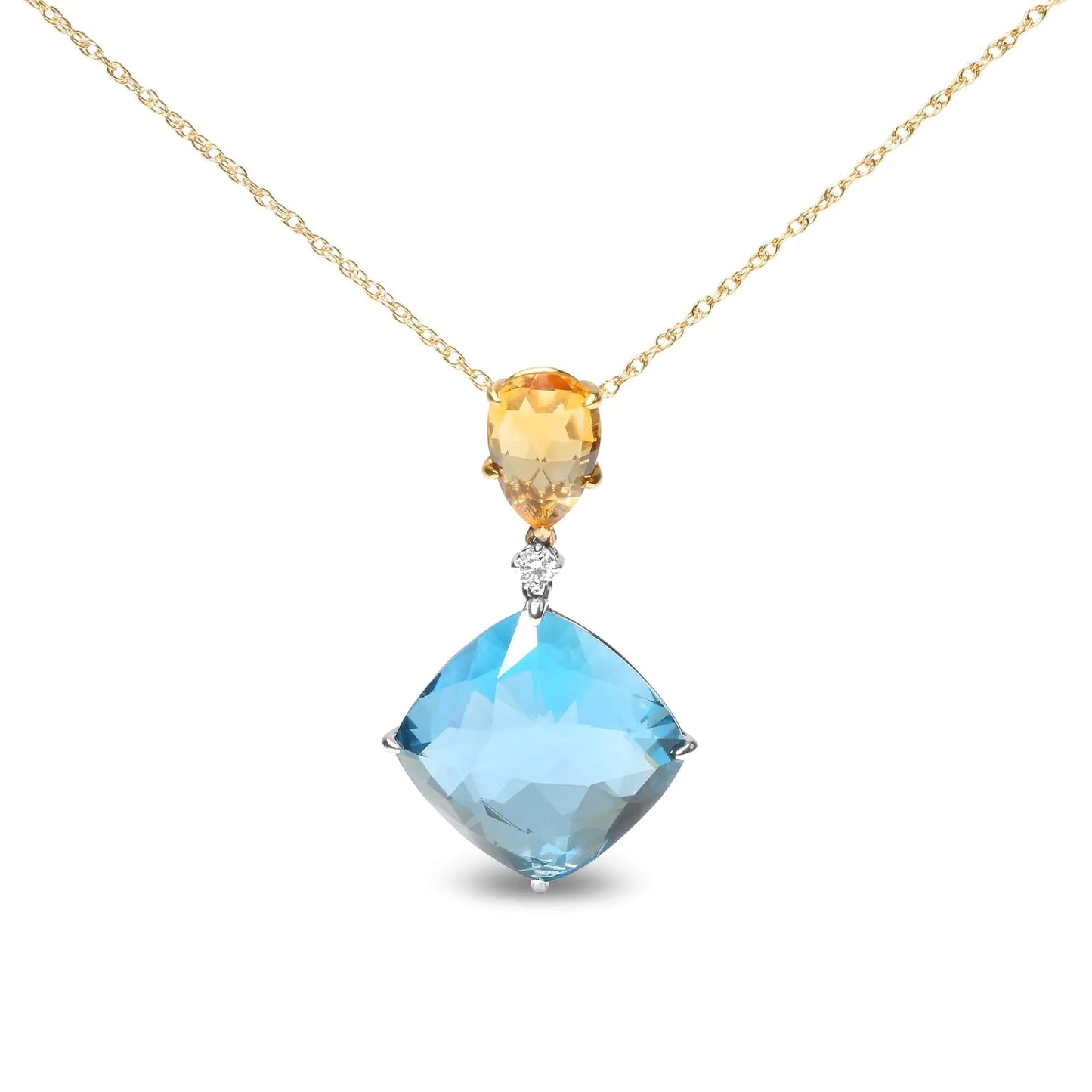 18K White and Yellow Gold Diamond Accent and Pear Cut Lemon Quartz and Cushion Cut London Blue Topaz Gemstone Dangle Drop 18" Pendant Necklace (G-H Color, SI1-SI2 Clarity) WEM Support (www.WEM.support)