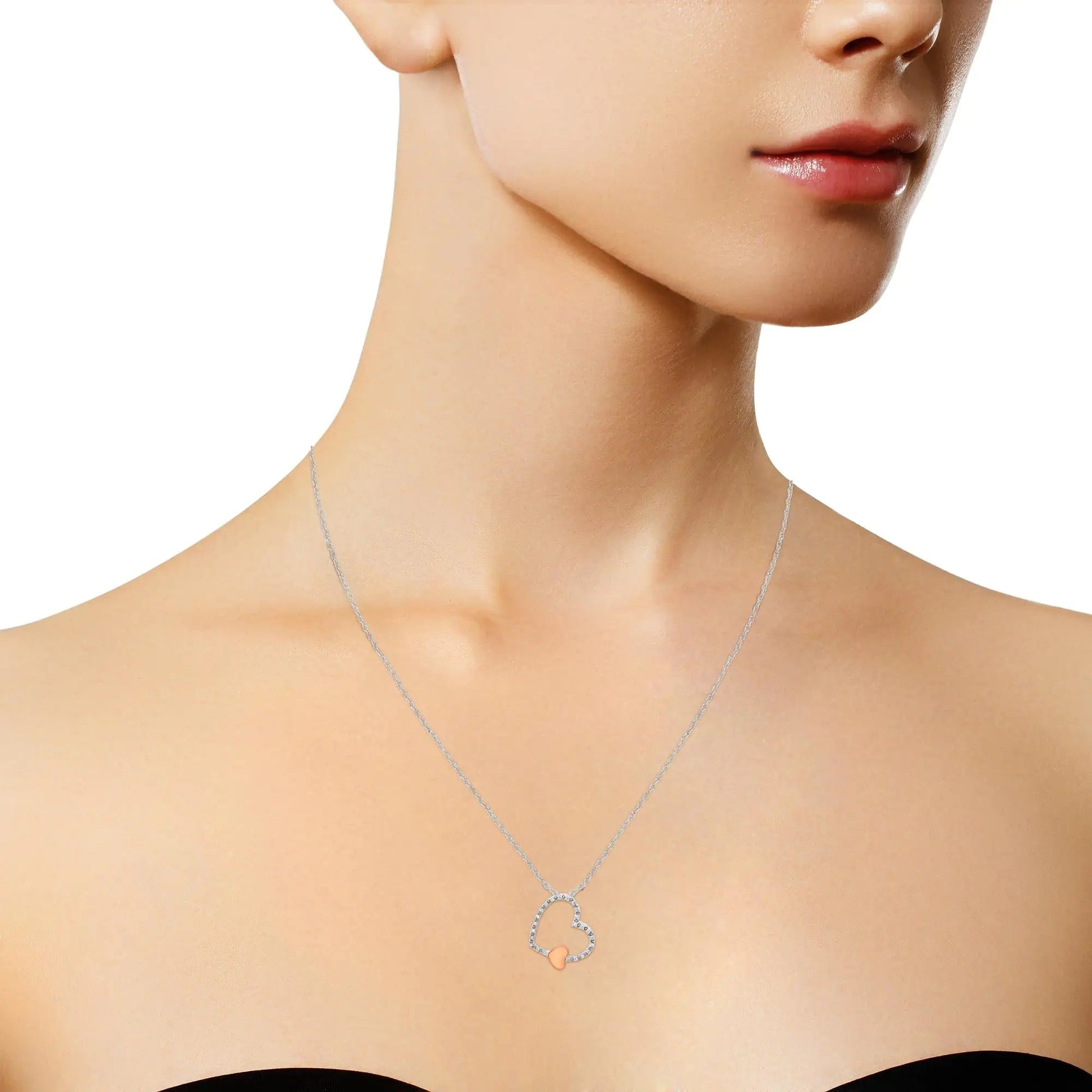 10KT Two Tone Gold 1/6 cttw Diamond Floating Heart Pendant Necklace (K-L, I1-I2) WEM Support (www.WEM.support)