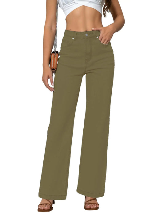 Womens Jeans Mid Waisted Straight Leg Loose Stretchy Lightweight Tummy Control Trendy Jeans for Women 2024 14 Army Green My Store