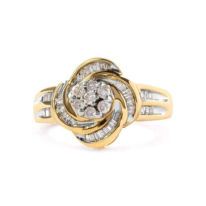 10K Yellow Gold 1/2 Cttw Round and Baguette Diamond Flower Swirl Cocktail Ring (I-J Color, SI2-I1 Clarity) WEM Support (www.WEM.support)