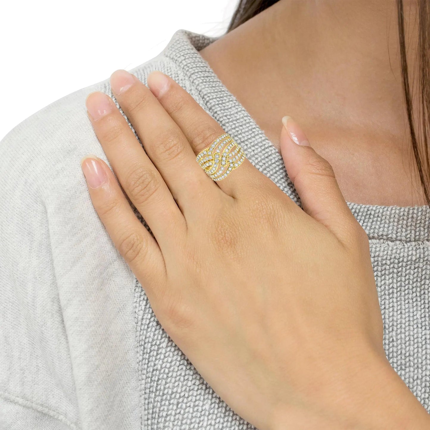 10K Yellow Gold 3.00 Cttw Diamond Multi Row Bypass Wave Cocktail Band Ring (J-K Color, I1-I2 Clarity) WEM Support (www.WEM.support)