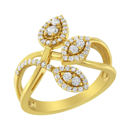 10K Yellow Gold 1/2 Cttw Round-Cut Diamond Layered Crossover Triple Leaf Bypass Ring (I-J Color, I1-I2 Clarity) WEM Support (www.WEM.support)