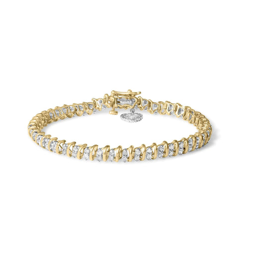 10K Yellow Gold 2.0 Cttw Diamond 2 Row Link and Heart Charm 7" Link Bracelet (I-J Color, I3 Clarity) WEM Support (www.WEM.support)