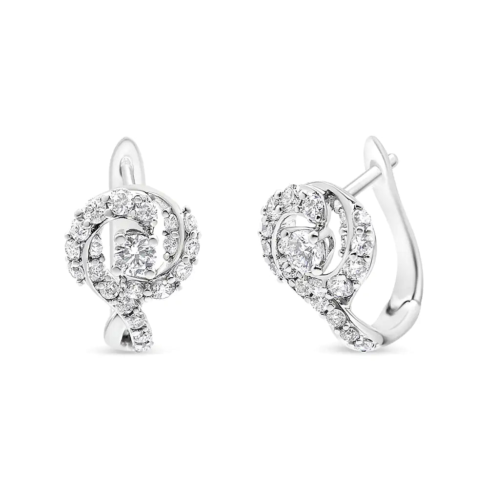 14K White Gold 5/8 Cttw Diamond Solitaire Halo Swirl Huggie Hoop Earrings (J-K Color, SI2-I1 Clarity) WEM Support (www.WEM.support)
