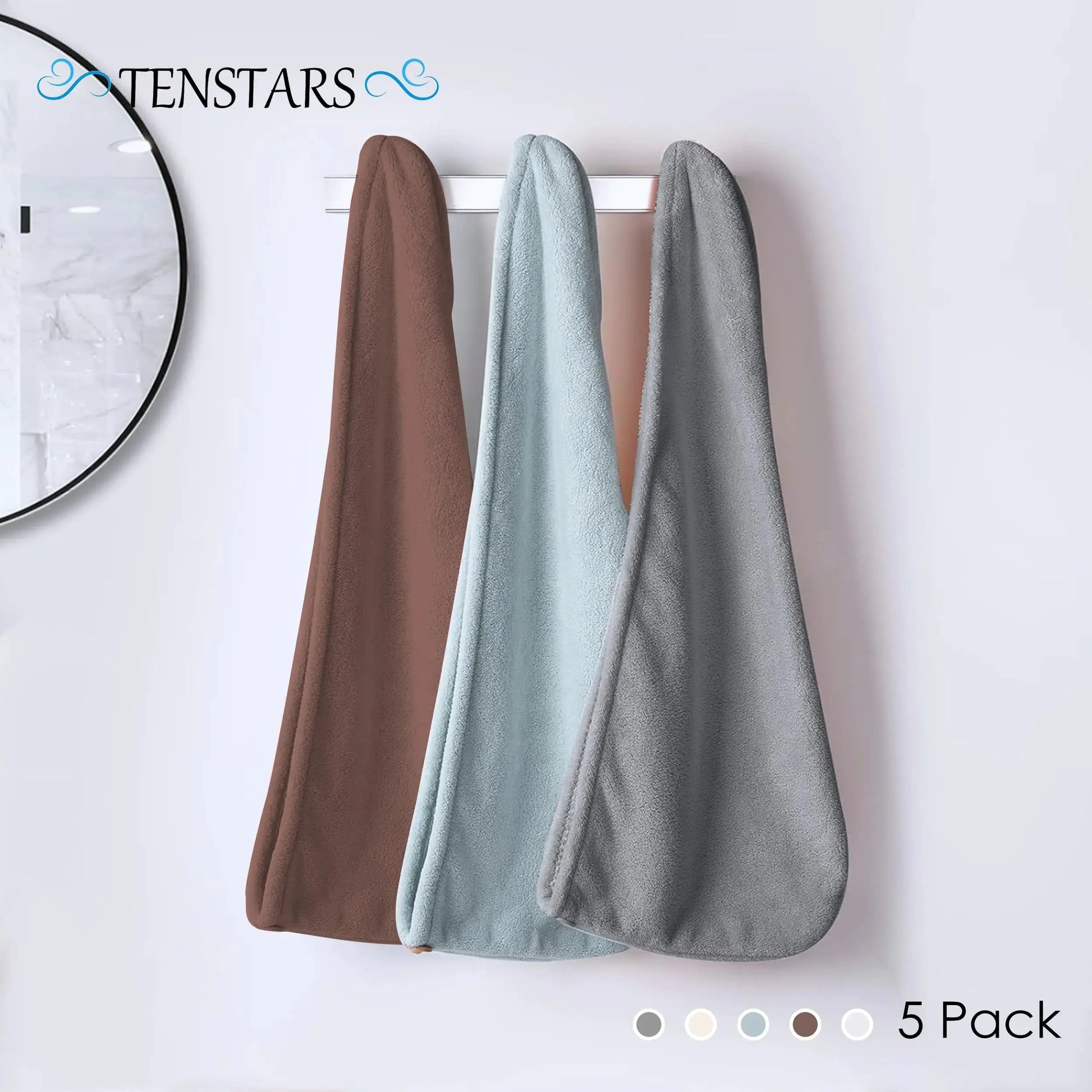 TENSTARS 5 Pack Thicken Microfiber Hair Towel Wrap for Women - Elastic Loop Design - 320GSM Coral Velvet - Quick Dry Hair Turban - 11x28 Inch (Cream+White+Brown+Light Teal+Grey, 5) Cream+white+brown+light Teal+grey TENSTARS Hair Towel Pack My Store