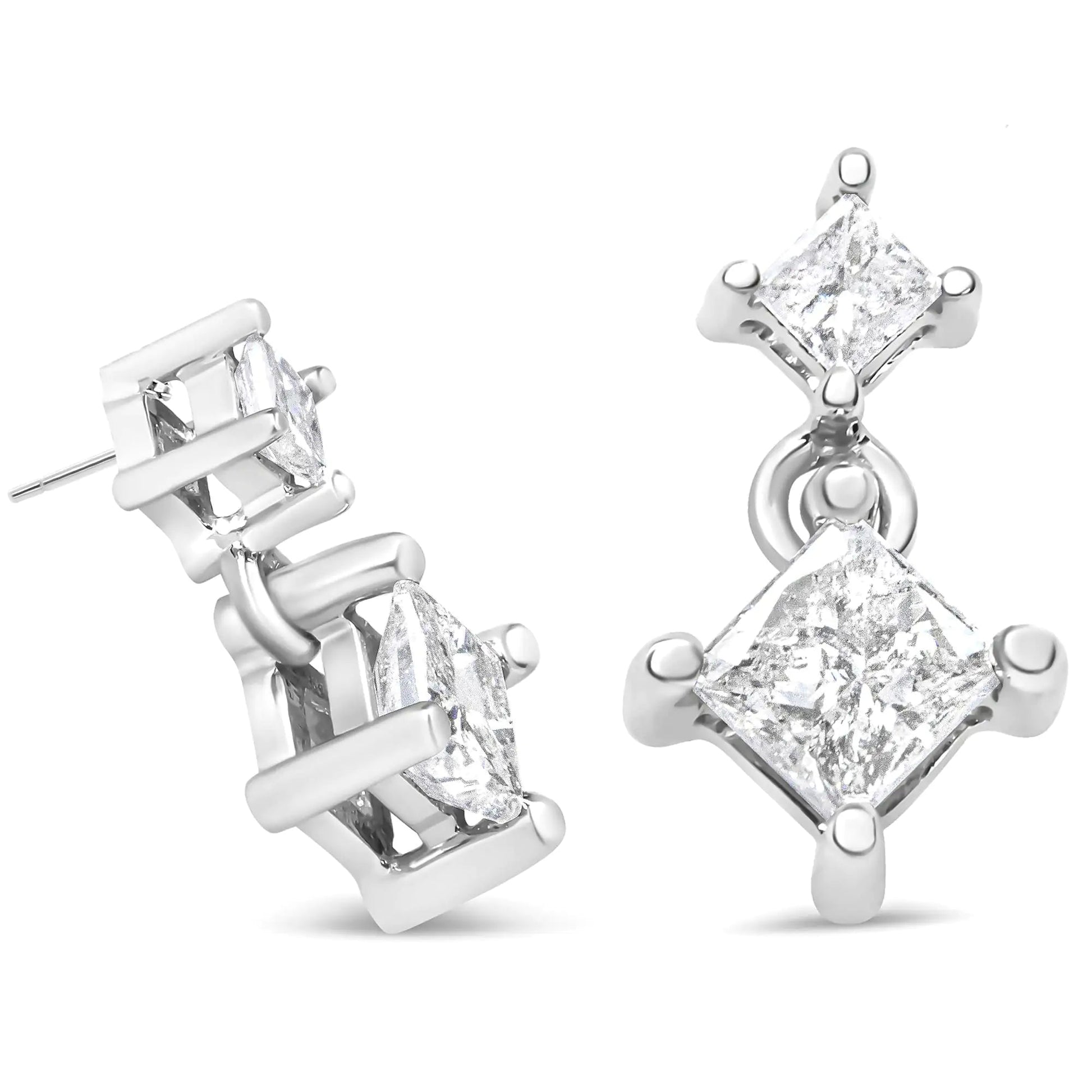 14K White Gold 3/8 Cttw Princess-Cut Diamond Double Dangle 2 Stone Stud Drop Earrings for Women (I-J Color, I2-I3 Clarity) WEM Support (www.WEM.support)