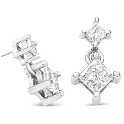 14K White Gold 3/8 Cttw Princess-Cut Diamond Double Dangle 2 Stone Stud Drop Earrings for Women (I-J Color, I2-I3 Clarity) WEM Support (www.WEM.support)