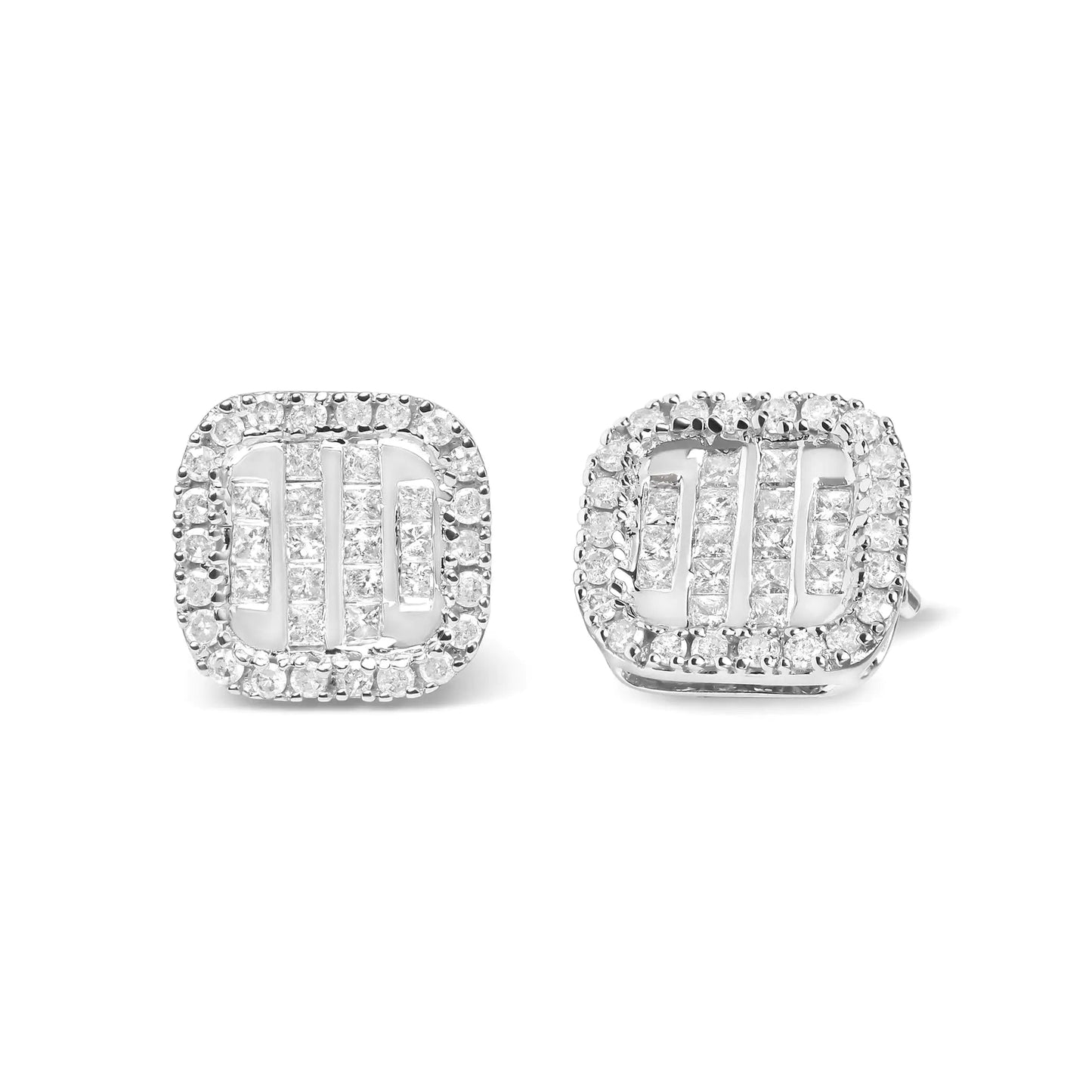 10K White Gold 7/8 Cttw Diamond Princess Composite and Halo Stud Earrings (I-J Color, I1-I2 Clarity) WEM Support (www.WEM.support)