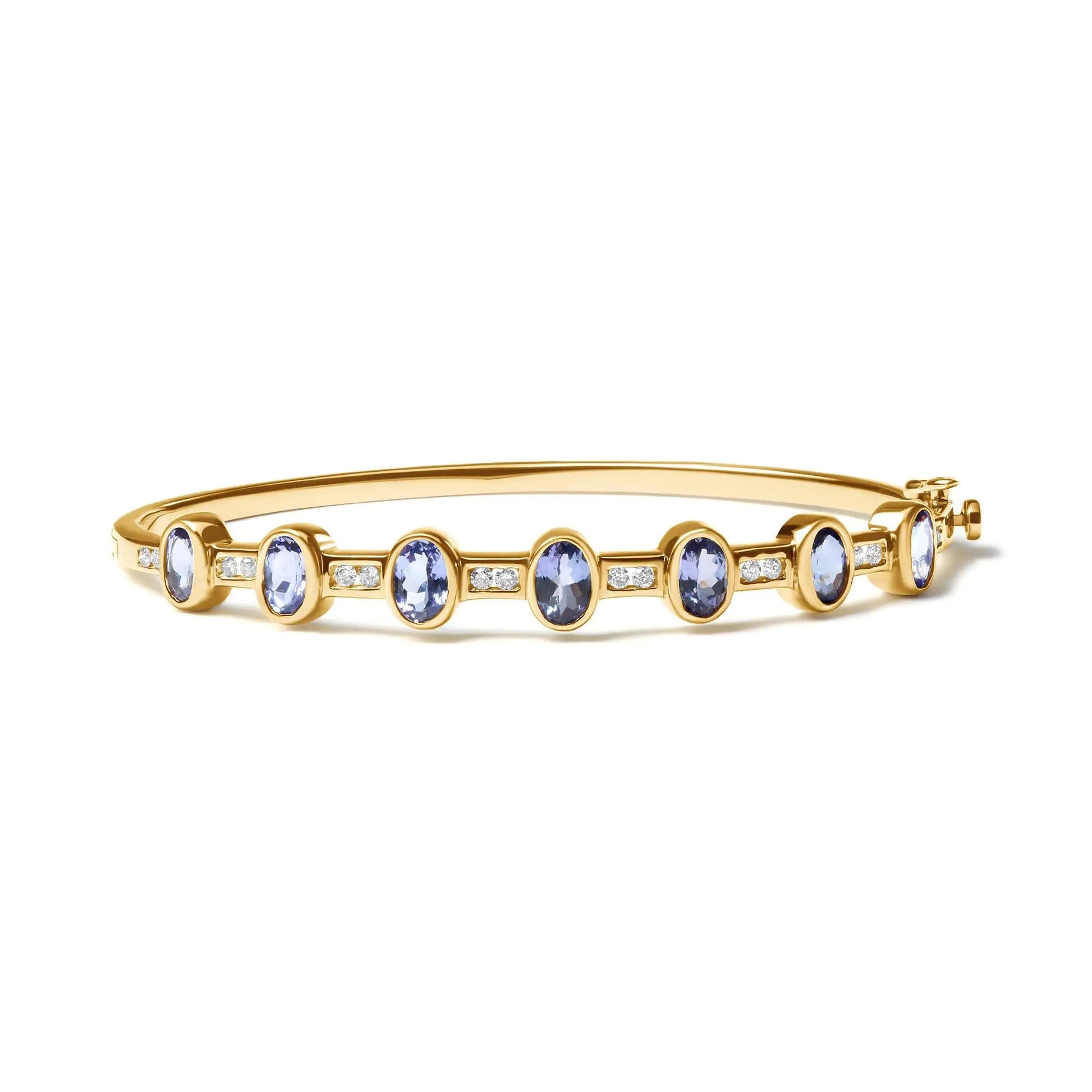14K Yellow Gold 1/3 Cttw Round-Cut Diamond and 5MM Oval-Cut Blue Tanzanite Gemstone Bangle Bracelet (H-I Color, I1-I2 Clarity) - Size 7" Inches WEM Support (www.WEM.support)