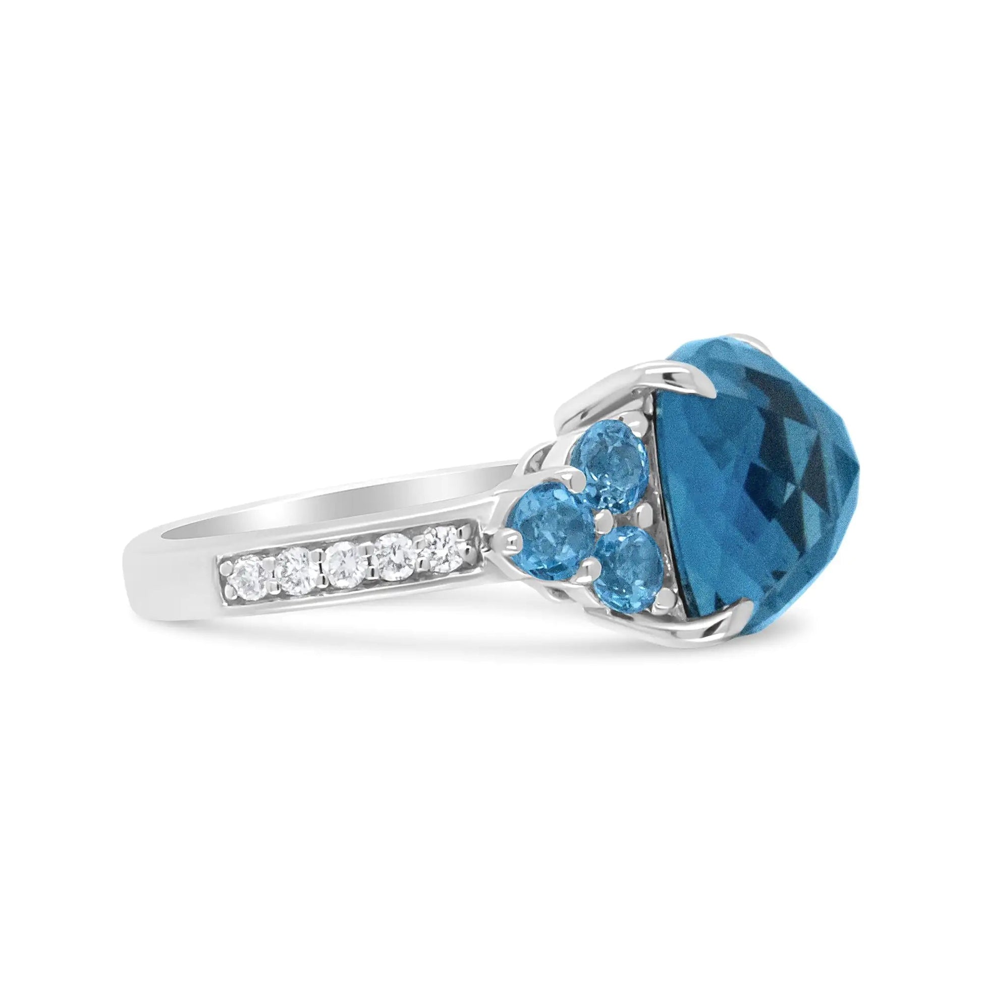 18K White Gold 10mm Cushion Shaped Blue Topaz and 1/6 Cttw Diamond 3 Stone Style Ring (F-G Color, VS1-VS2 Clarity) WEM Support (www.WEM.support)