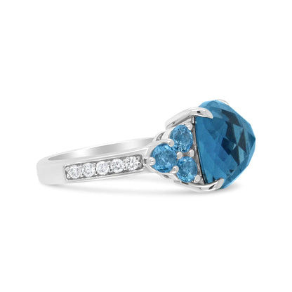18K White Gold 10mm Cushion Shaped Blue Topaz and 1/6 Cttw Diamond 3 Stone Style Ring (F-G Color, VS1-VS2 Clarity) WEM Support (www.WEM.support)
