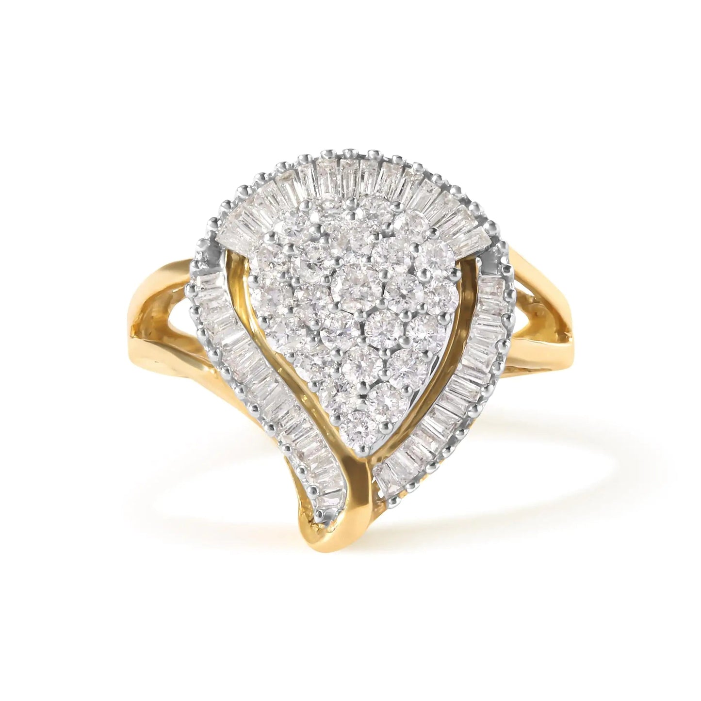 10K Yellow Gold 1 Cttw Round and Baguette Cut Diamond Ballerina Cluster Ring (H-I Color, SI2-I1 Clarity) WEM Support (www.WEM.support)