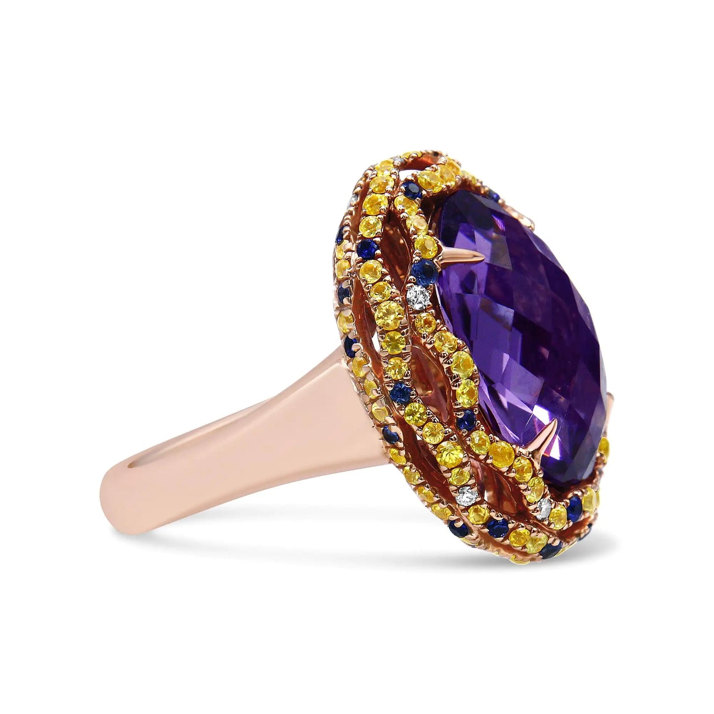 18K Yellow and Rose Gold Claw Prong Set Checkerboard Cut Purple Amethyst, Blue & Yellow Sapphire, Diamond Accent Cocktail Ring Band (F-G Color, VS1-VS2 Clarity) WEM Support (www.WEM.support)