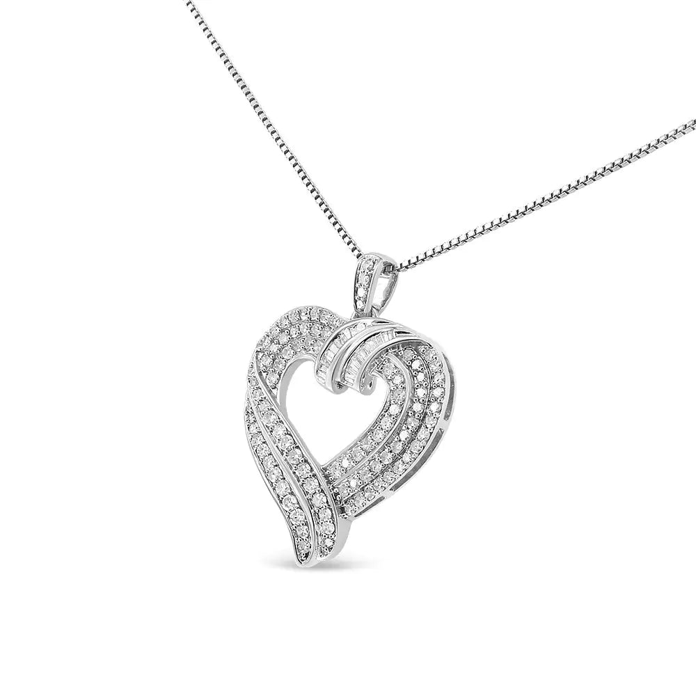 .925 Sterling Silver 1.00 Cttw Baguette Diamond Composite Open Heart 18" Inch Pendant Necklace (I-J Color, I1-I2 Clarity) WEM Support (www.WEM.support)