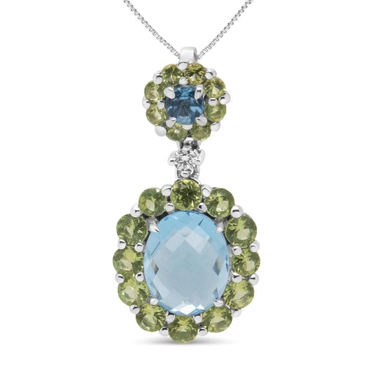18k White Gold 0.05 Cttw Round Diamond and Blue Topaz and Green Peridot Gemstone Halo Drop 18" Pendant Necklace (F-G Color, VS1-VS2 Clarity) WEM Support (www.WEM.support)