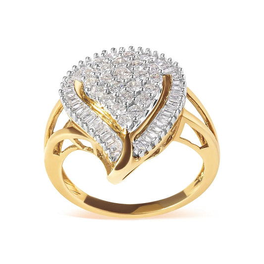 10K Yellow Gold 1 Cttw Round and Baguette Cut Diamond Ballerina Cluster Ring (H-I Color, SI2-I1 Clarity) WEM Support (www.WEM.support)