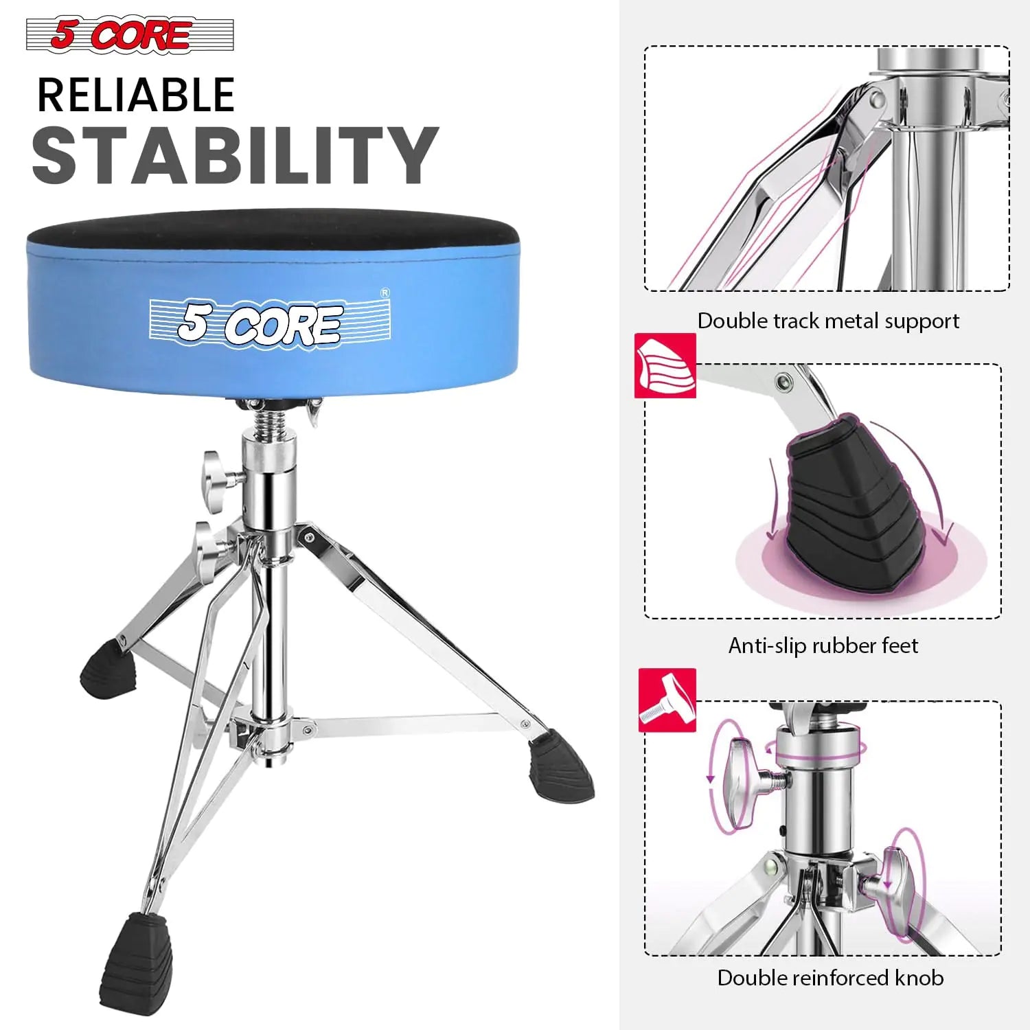 5Core Drum Throne Padded Guitar Stool Swivel Adjustable Drummer Seat Music Chair BLUE VELVET WEM Support (www.WEM.support)