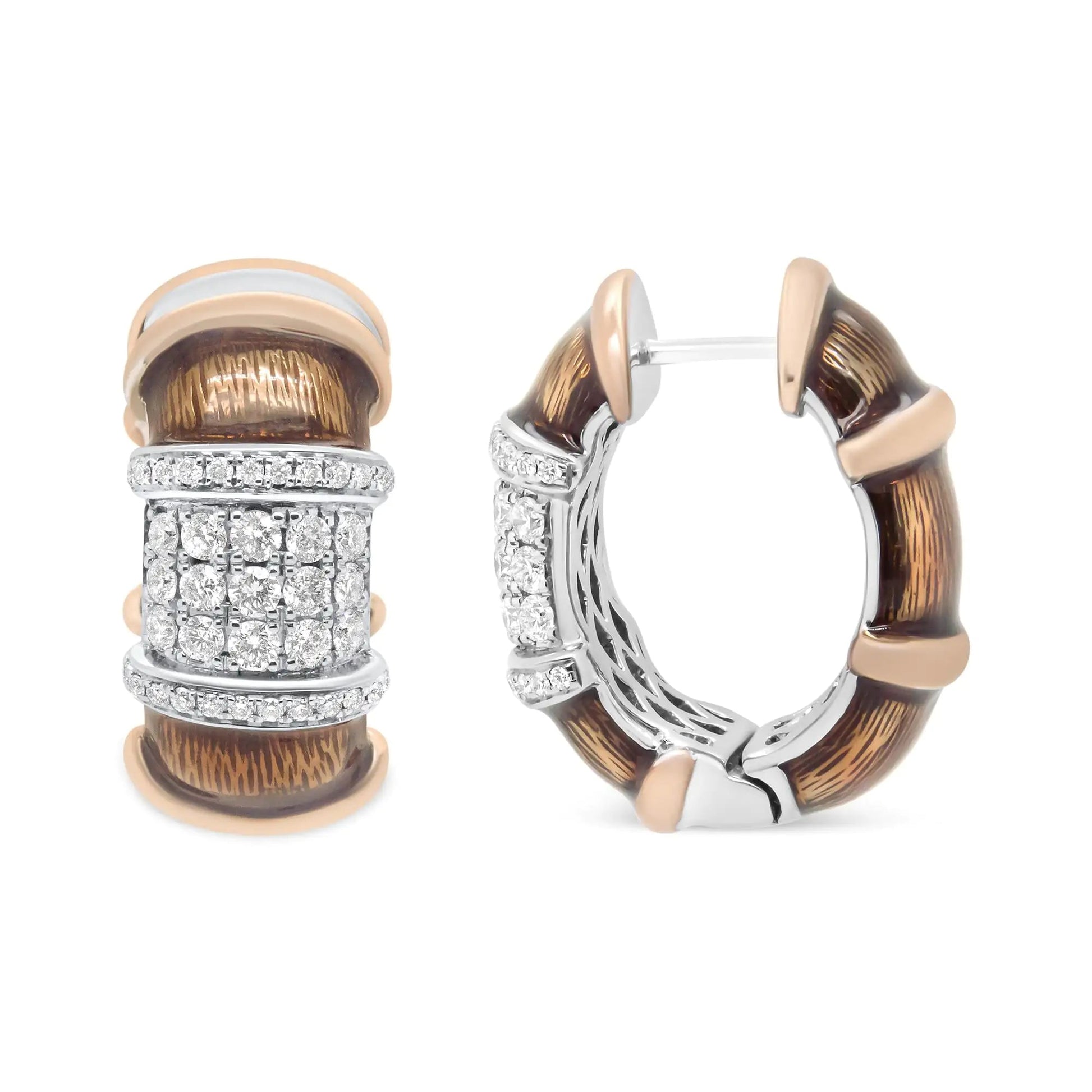 18K White and Rose Gold Flash Plated .925 Sterling Silver Clear Brown Enamel 1/6 Cttw Round Diamond Huggie Hoop Earrings (F-G Color, VS1-VS2 Clarity) WEM Support (www.WEM.support)