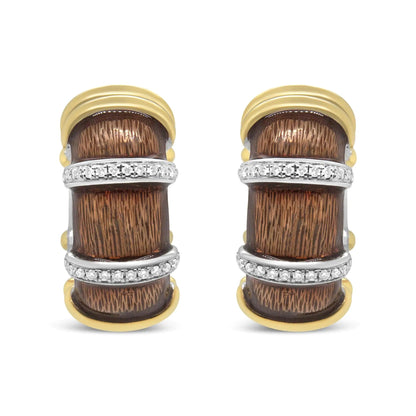 18K Yellow and White Gold Flash Plated .925 Sterling Silver Clear Brown Enamel 9/10 Cttw Round Diamonds Huggie Hoop Earrings (F-G Color, VS1-VS2 Clarity) WEM Support (www.WEM.support)