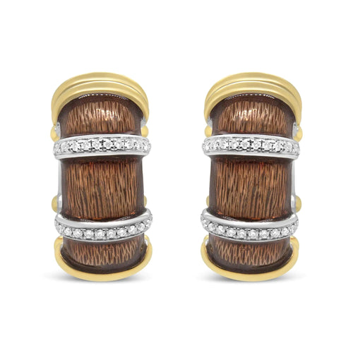 18K Yellow and White Gold Flash Plated .925 Sterling Silver Clear Brown Enamel 9/10 Cttw Round Diamonds Huggie Hoop Earrings (F-G Color, VS1-VS2 Clarity) WEM Support (www.WEM.support)
