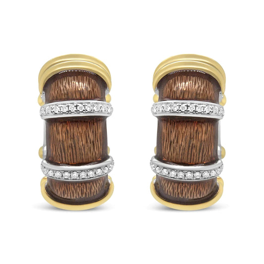 18K Yellow and White Gold Flash Plated .925 Sterling Silver Clear Brown Enamel 9/10 Cttw Round Diamonds Huggie Hoop Earrings (F-G Color, VS1-VS2 Clarity) WEM Support (www.WEM.support)