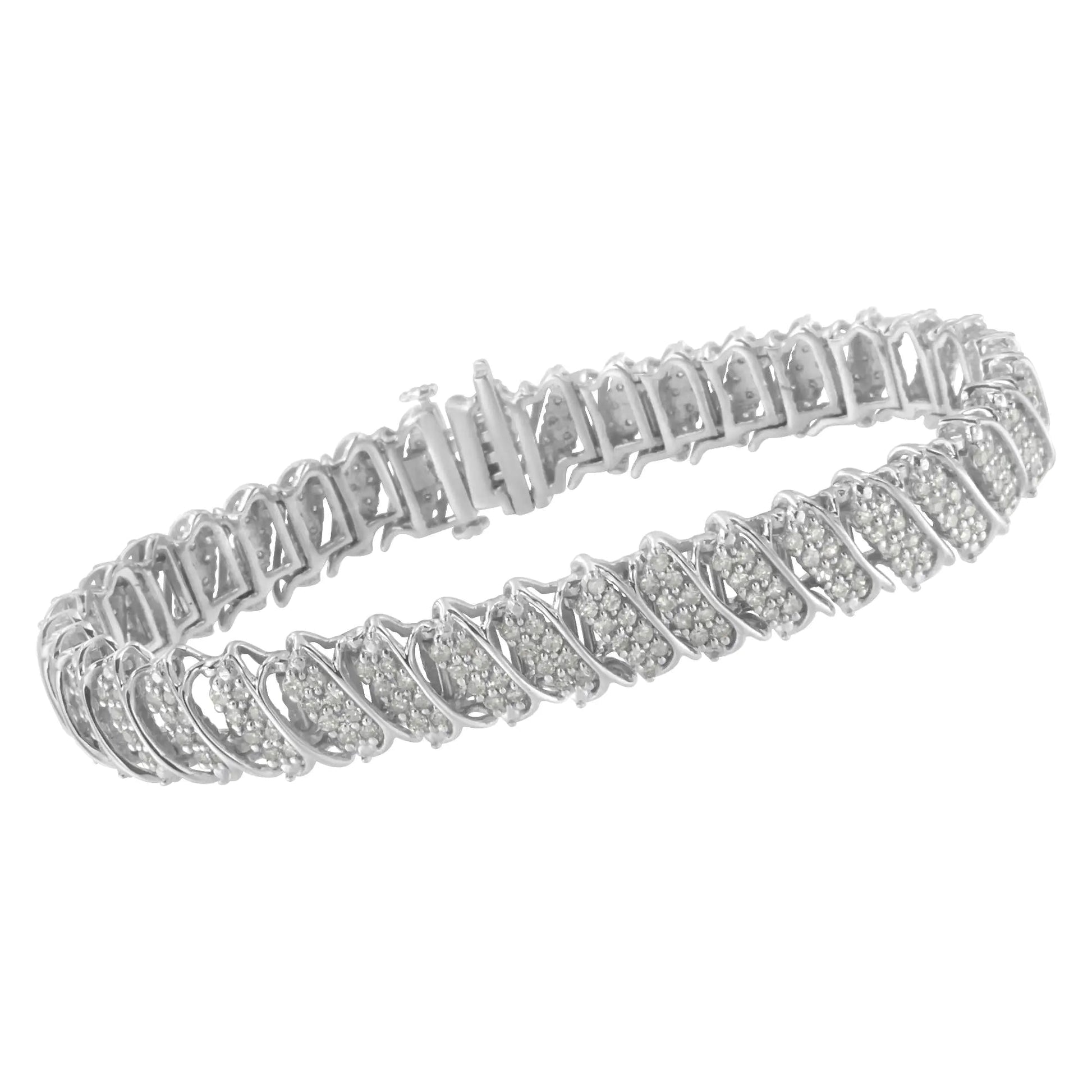 .925 Sterling Silver 3.0 Cttw Diamond Multi Row Cluster Slanted Wave Link 7-¼” Tennis Bracelet (I-J Color, I2-I3 Clarity) WEM Support (www.WEM.support)