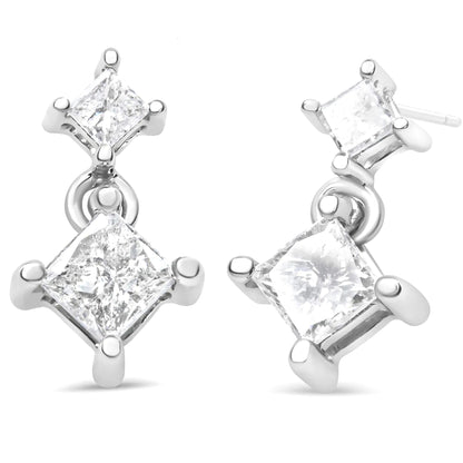 14K White Gold 3/8 Cttw Princess-Cut Diamond Double Dangle 2 Stone Stud Drop Earrings for Women (I-J Color, I2-I3 Clarity) WEM Support (www.WEM.support)