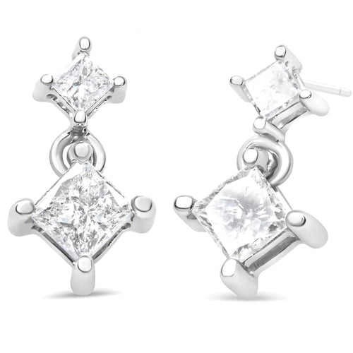 14K White Gold 3/8 Cttw Princess-Cut Diamond Double Dangle 2 Stone Stud Drop Earrings for Women (I-J Color, I2-I3 Clarity) WEM Support (www.WEM.support)