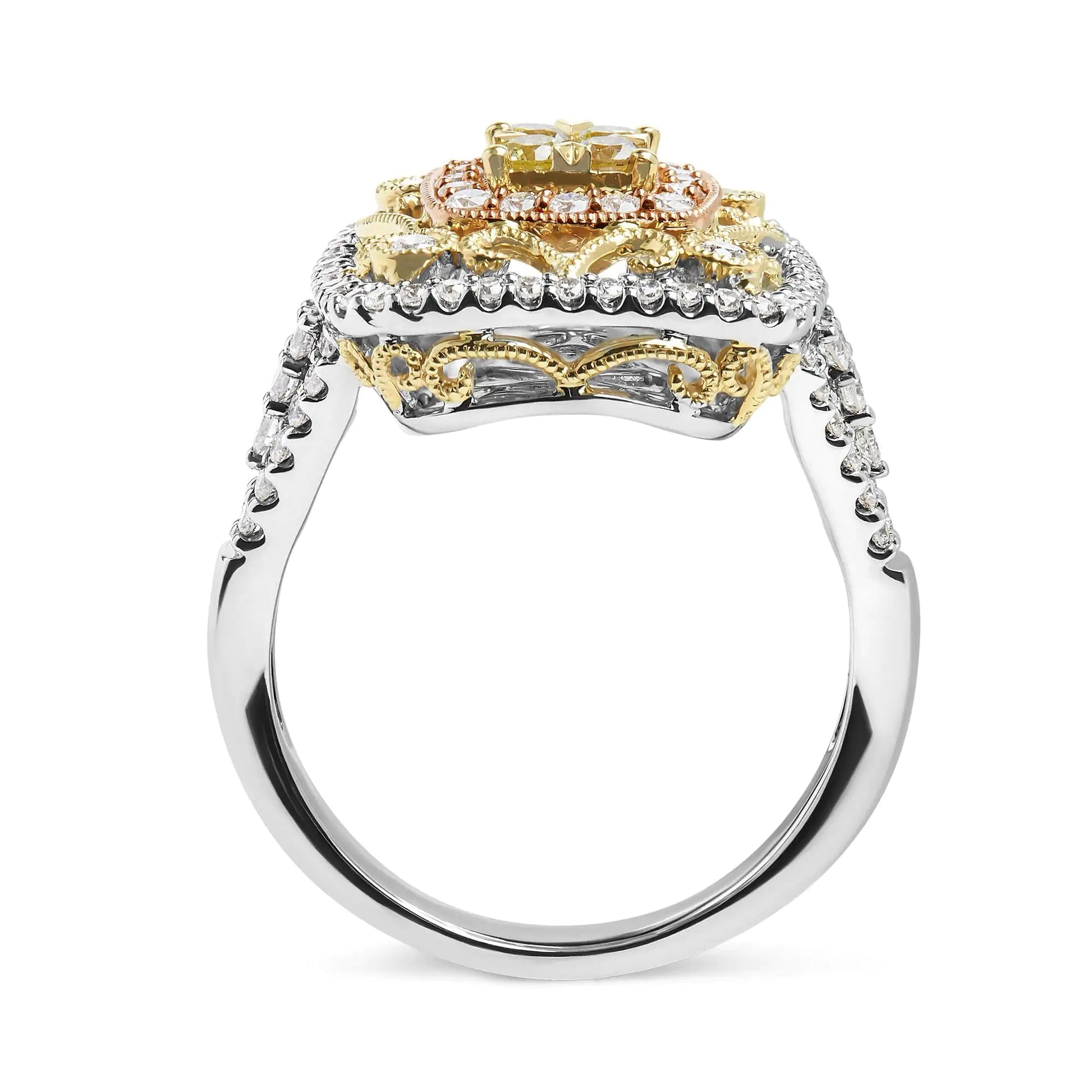 14K Tri-Toned Gold 1.00 Cttw Yellow Diamond Halo and Milgrain Cocktail Cluster Ring (Yellow/G-H Color, SI1-SI2 Clarity) - Ring Size 7 WEM Support (www.WEM.support)