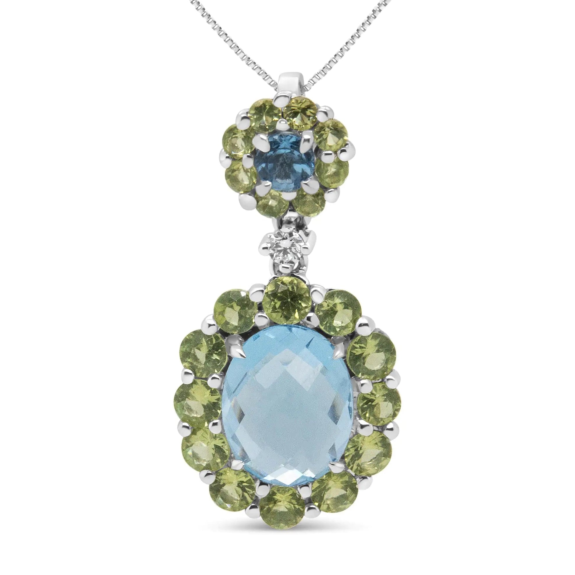 18k White Gold 0.05 Cttw Round Diamond and Blue Topaz and Green Peridot Gemstone Halo Drop 18" Pendant Necklace (F-G Color, VS1-VS2 Clarity) WEM Support (www.WEM.support)