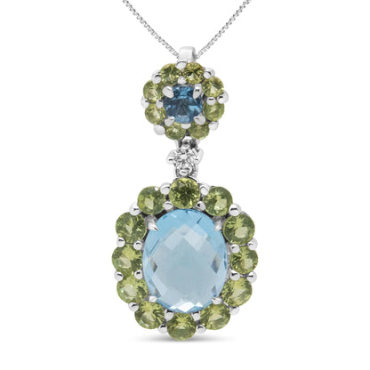 18k White Gold 0.05 Cttw Round Diamond and Blue Topaz and Green Peridot Gemstone Halo Drop 18" Pendant Necklace (F-G Color, VS1-VS2 Clarity) WEM Support (www.WEM.support)