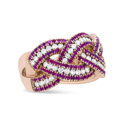 18K Rose Gold Red Ruby and 7/8 Cttw Diamond Woven Braided Band Ring (F-G Color, VS1-VS2 Clarity) WEM Support (www.WEM.support)
