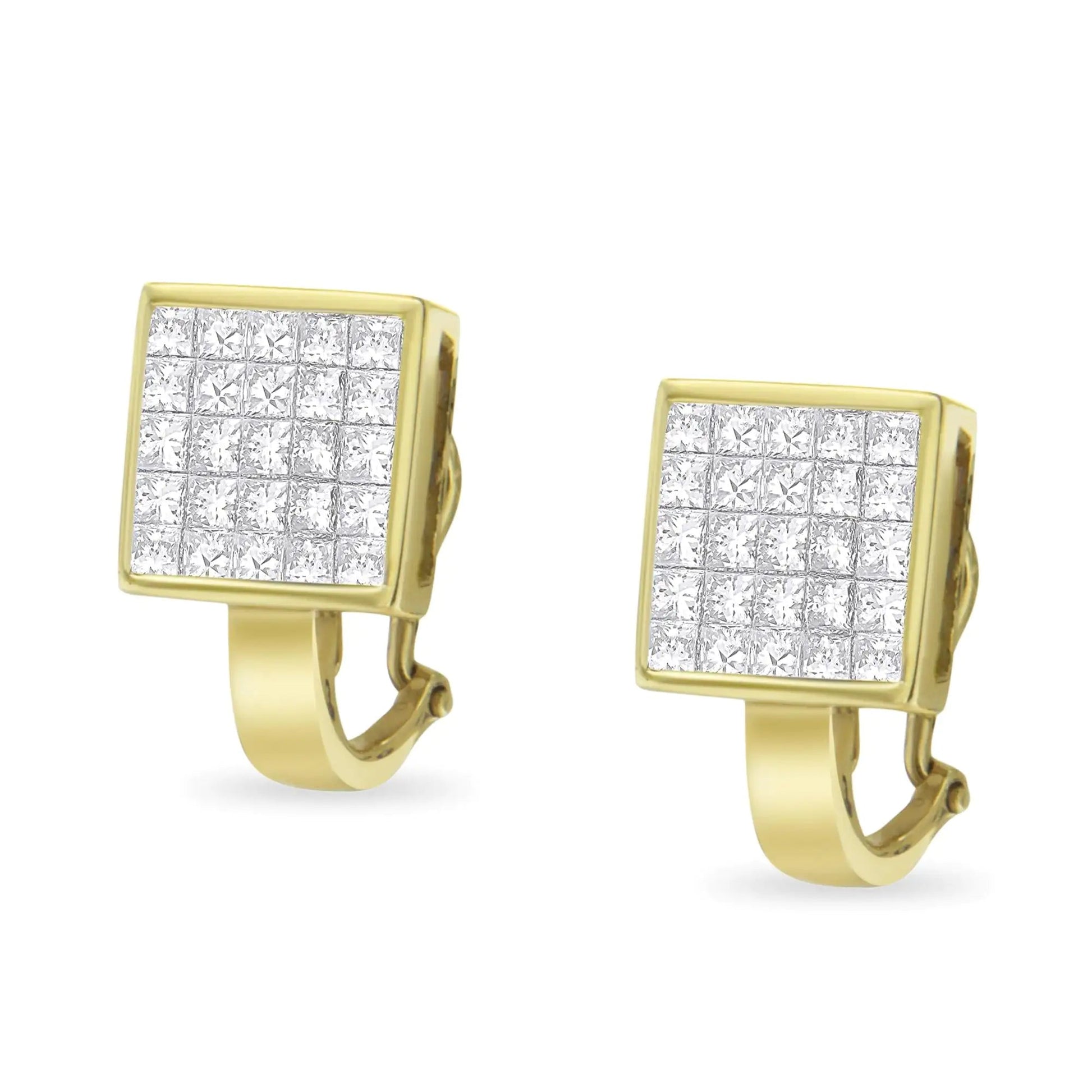 14K Yellow Gold 3-1/5 Cttw Princess Cut Diamond ¾ Square Invisible Set Grid Huggy Style Omega Back Stud Earrings (G-H Color, VS1-VS2 Clarity) WEM Support (www.WEM.support)