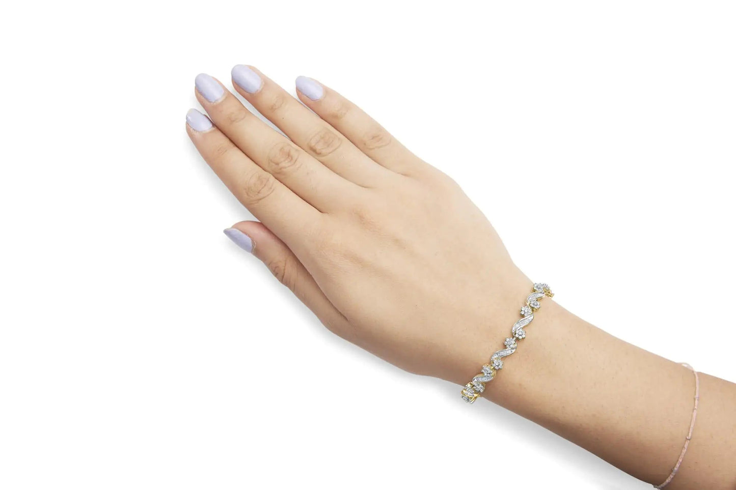 10k Yellow Gold 3.00 Cttw Round-Cut and Baguette-Cut Floral Link 7.25" Bracelet (I-J Color, I1-I2 Clarity) WEM Support (www.WEM.support)